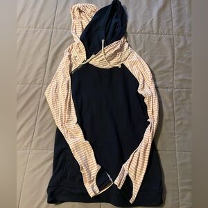 Double hood, size large, thumb holes.